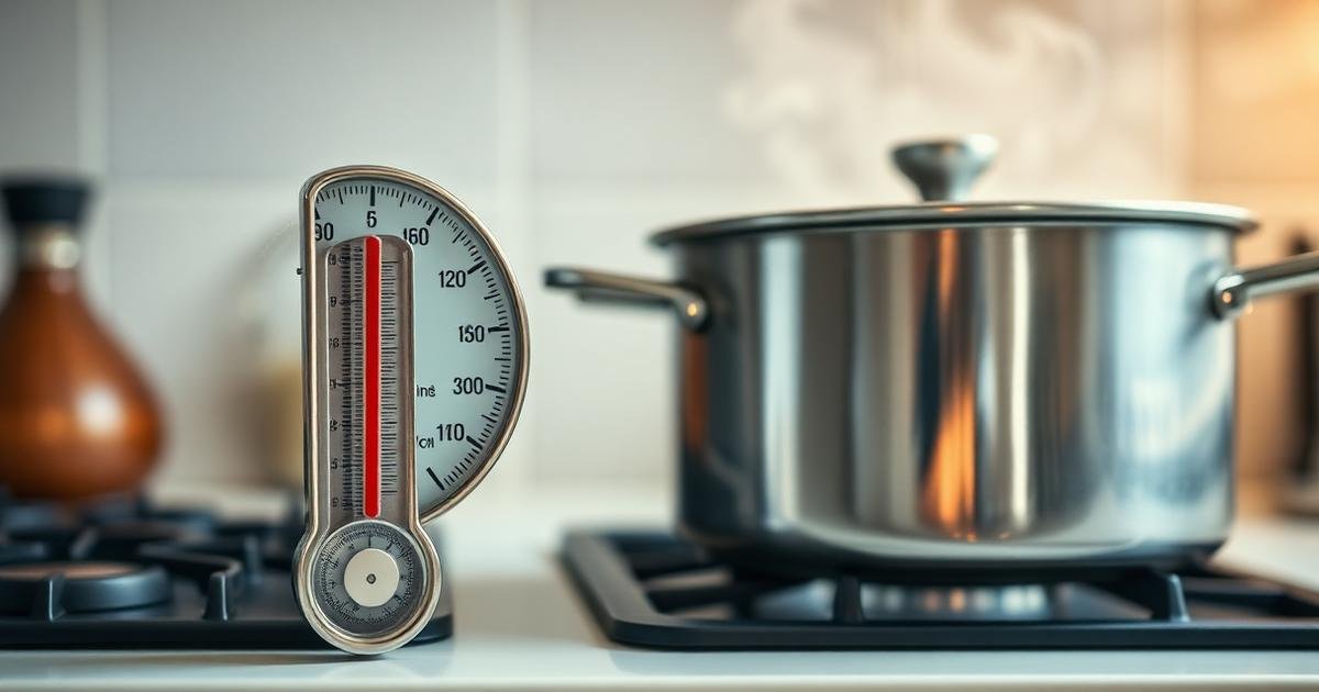 Kitchen thermometer showing Celsius and Fahrenheit scales next to a cooking pot