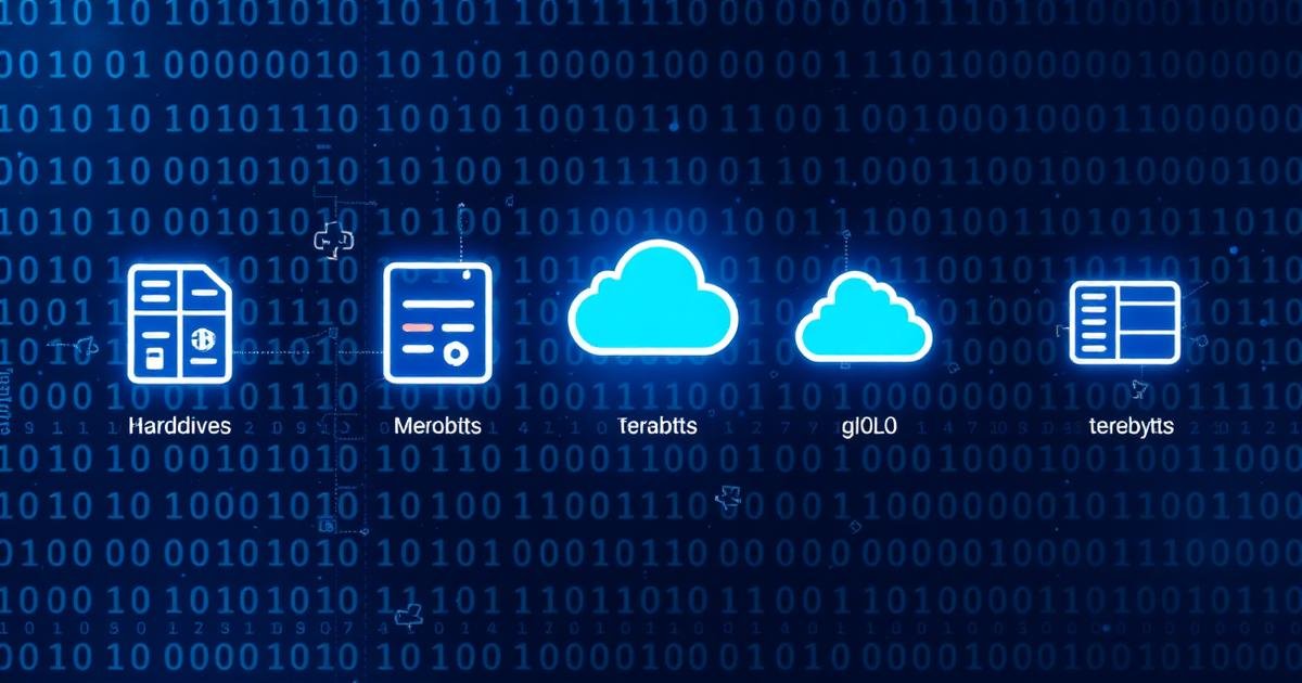 Digital data storage visualization with binary code and cloud storage icons