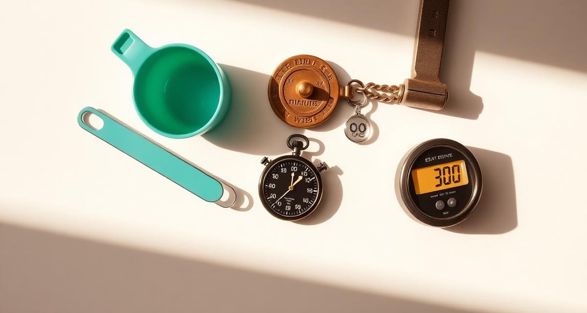 Measuring cup, stopwatch, brass historical weight and energy meter representing new ConvertProf conversion categories