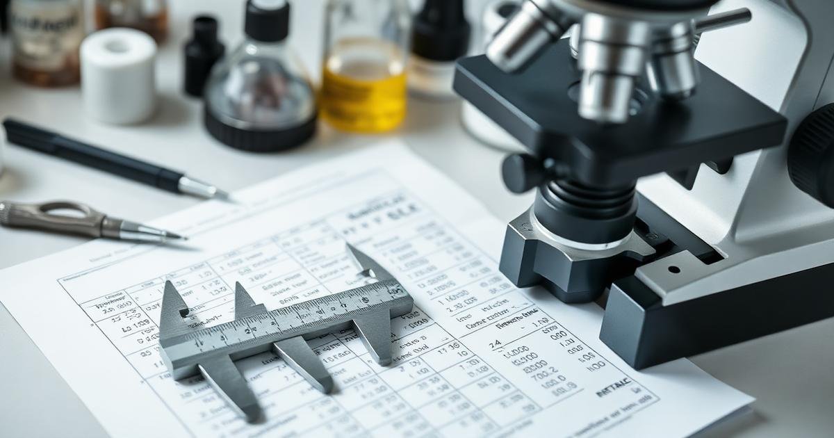 Scientific precision measurement tools including calipers and microscope in a laboratory